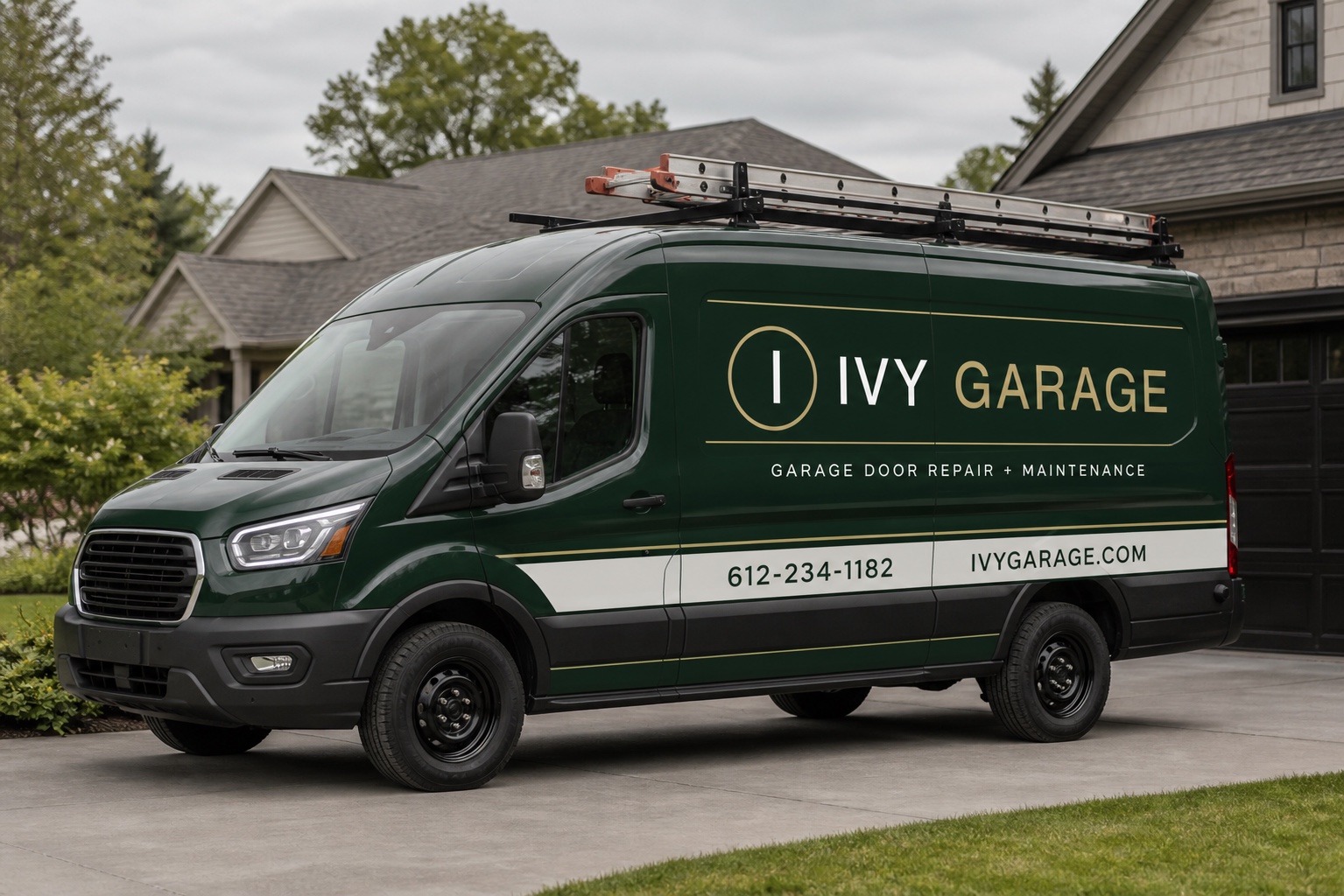 Ivy Garage branded mobile service van outside a west-metro home